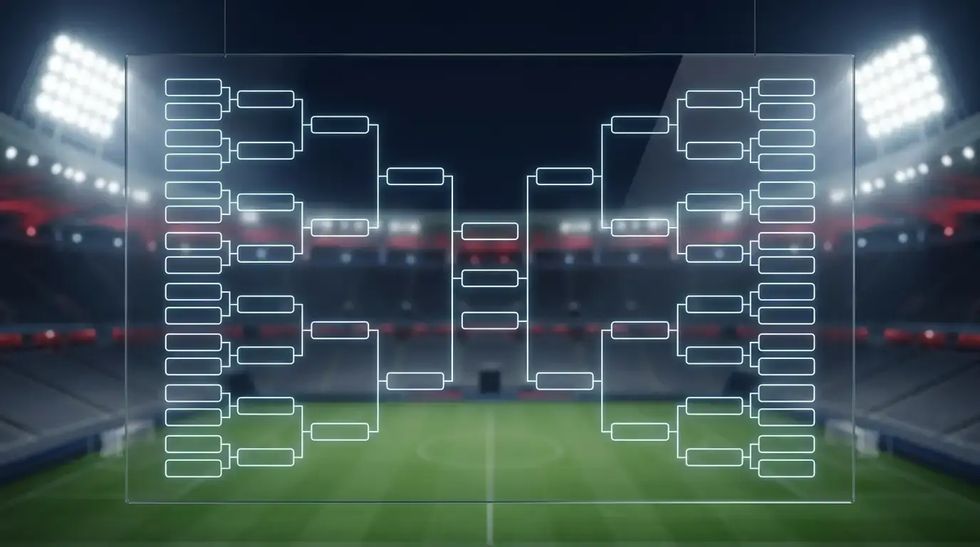 Stilisiertes Achtelfinal-Tableau der WM 2026 mit Turnierbaum und Stadion im Hintergrund