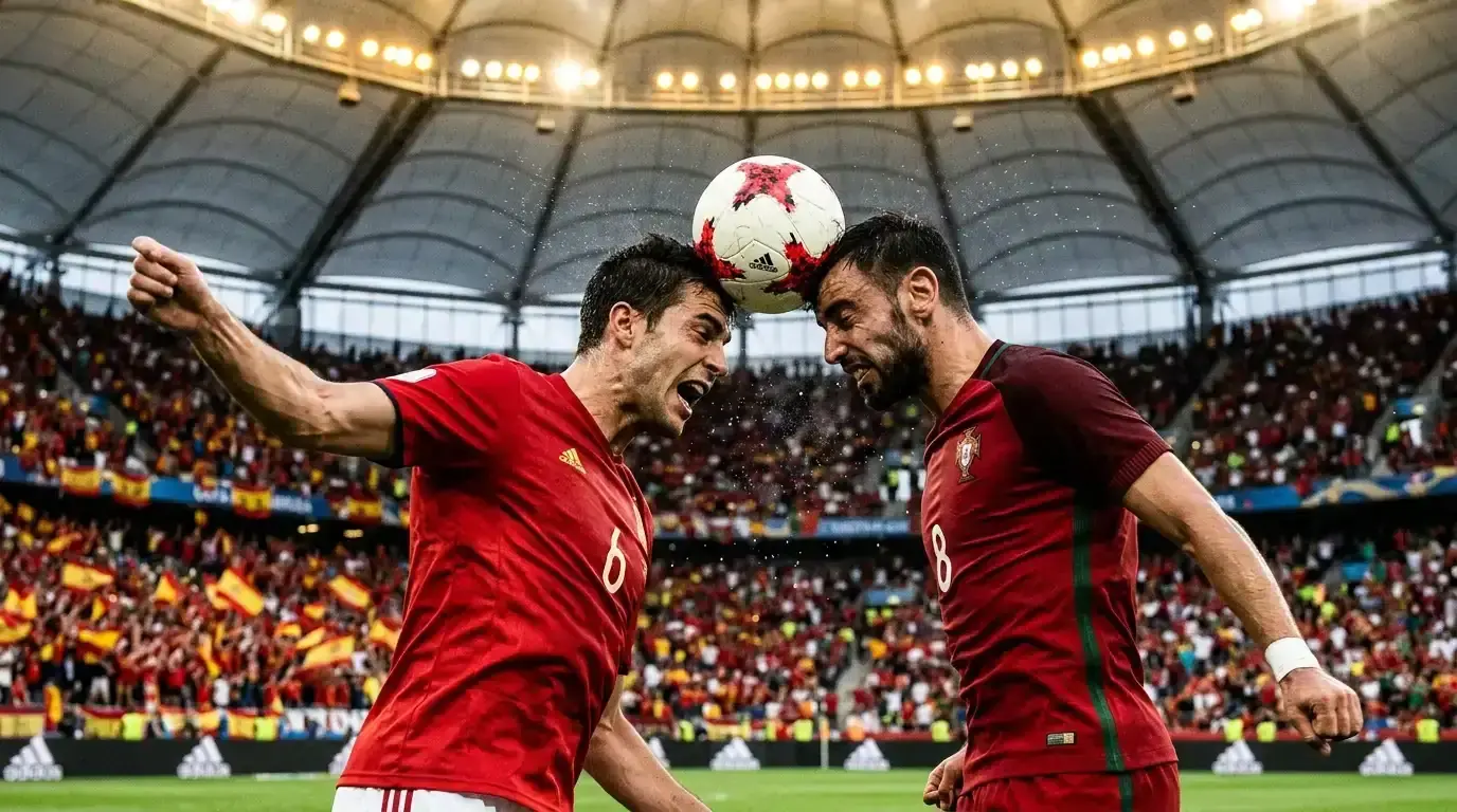 Spanische und portugiesische Spieler in Zweikampf-Nahaufnahme vor dem iberischen Achtelfinal der WM 2026