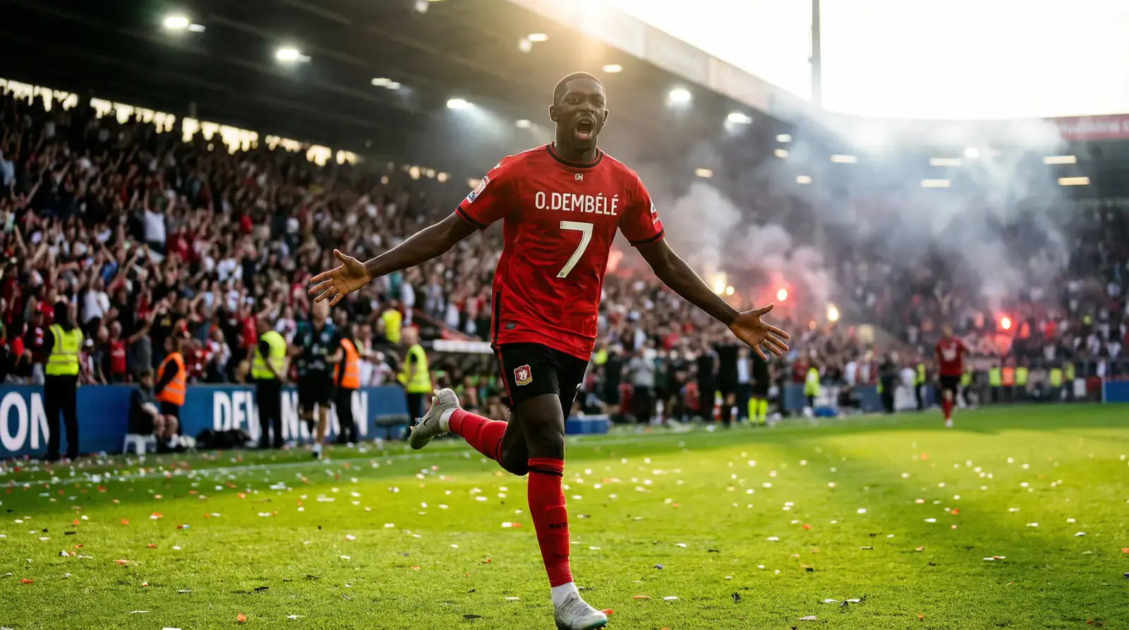 Fussballspieler in rotem Trikot feiert einen Torerfolg vor einer jubelnden Menge im ausverkauften Stadion bei Flutlicht