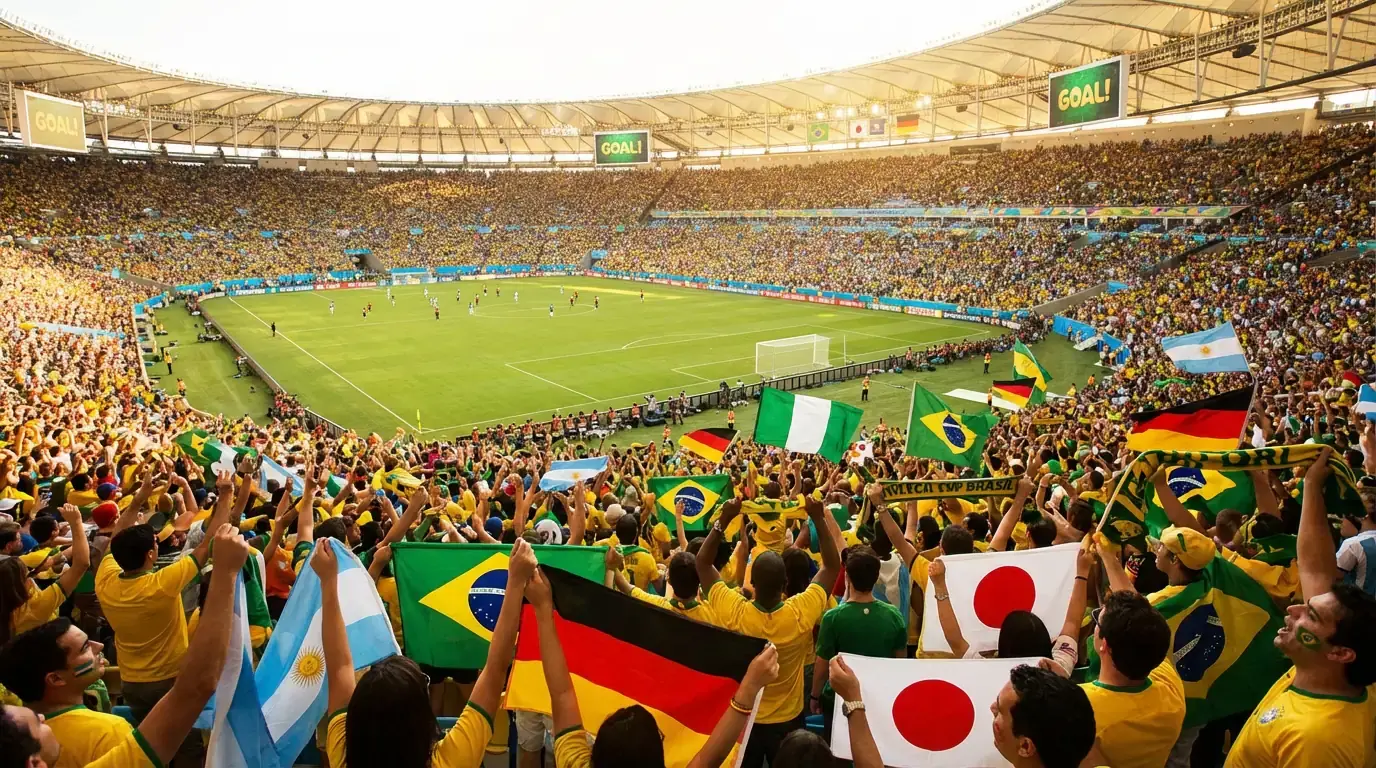 Begeisterte Fussballfans mit verschiedenen Nationalflaggen auf der voll besetzten Tribüne eines WM-Stadions bei Tageslicht