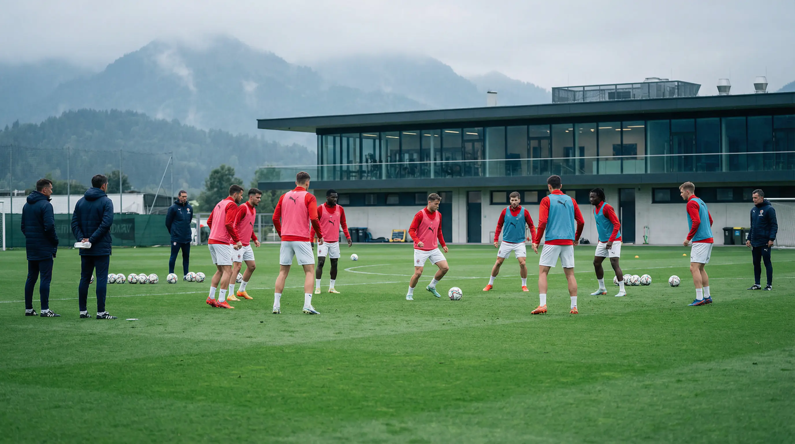 Schweizer Fussball-Nationalmannschaft beim Mannschaftstraining auf grünem Rasen mit Trainingsleibchen und Bällen