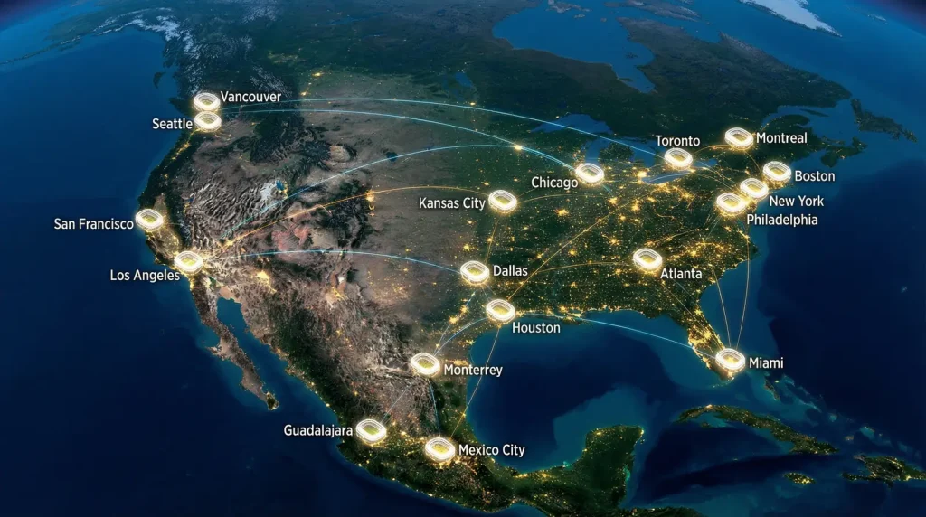 Karte der 16 WM-2026-Stadien in den USA, Mexiko und Kanada mit Städtenamen und Kapazitäten